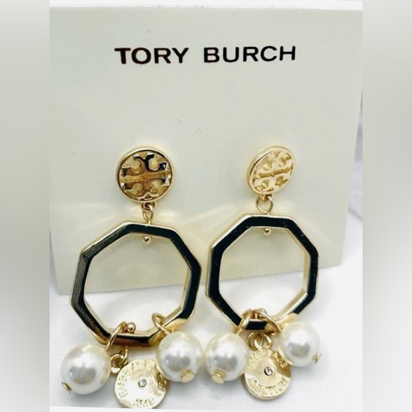 Tory Burch Gold Hexagon Earrings with Pearls. NWOT Dust Bag NWOT Original $138 - Picture 1 of 4